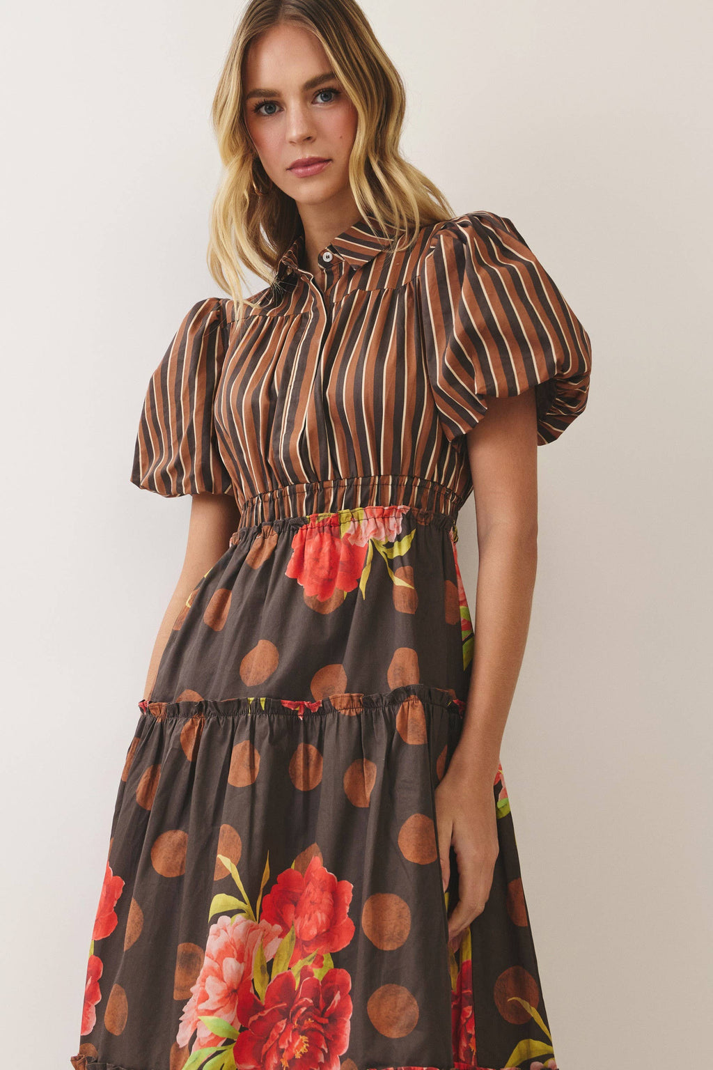 CD07570-Mixed Print Puff Sleeve Tiered Midi Dress