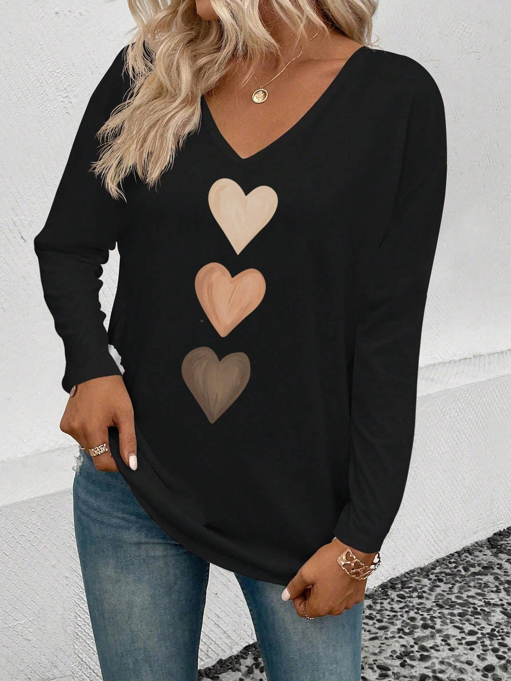 Valentine's Day heart print long-sleeve T-shirt top