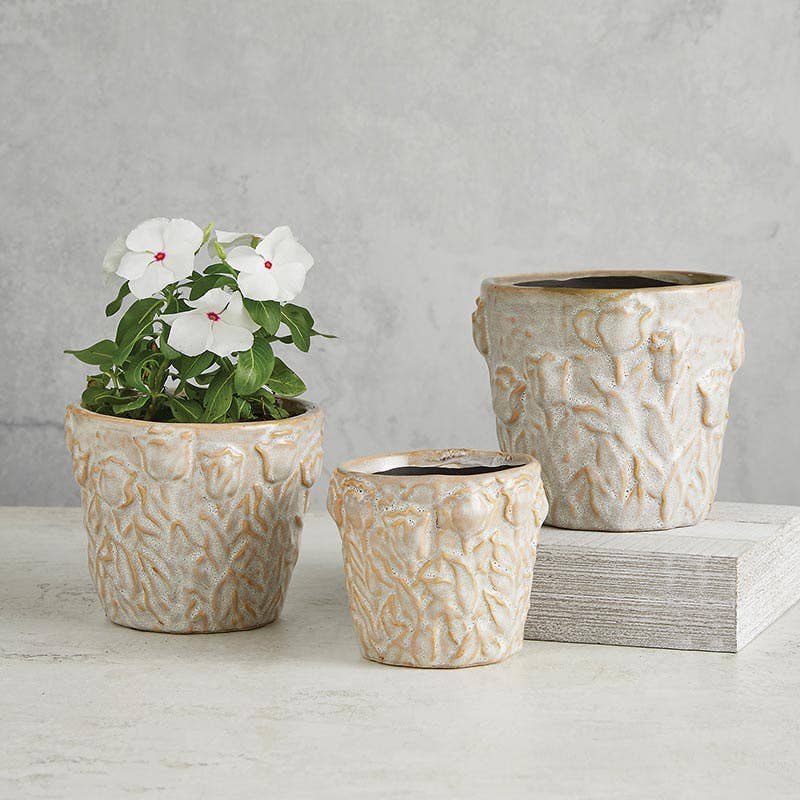 White Ceramic Pot - Medium - Floral Textured Design