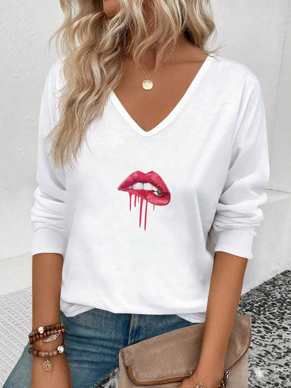 Valentine's Day heart print long-sleeve T-shirt top