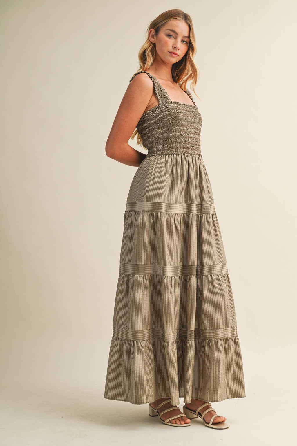 STRIPED SMOCKED-BODICE TIERED DRESS