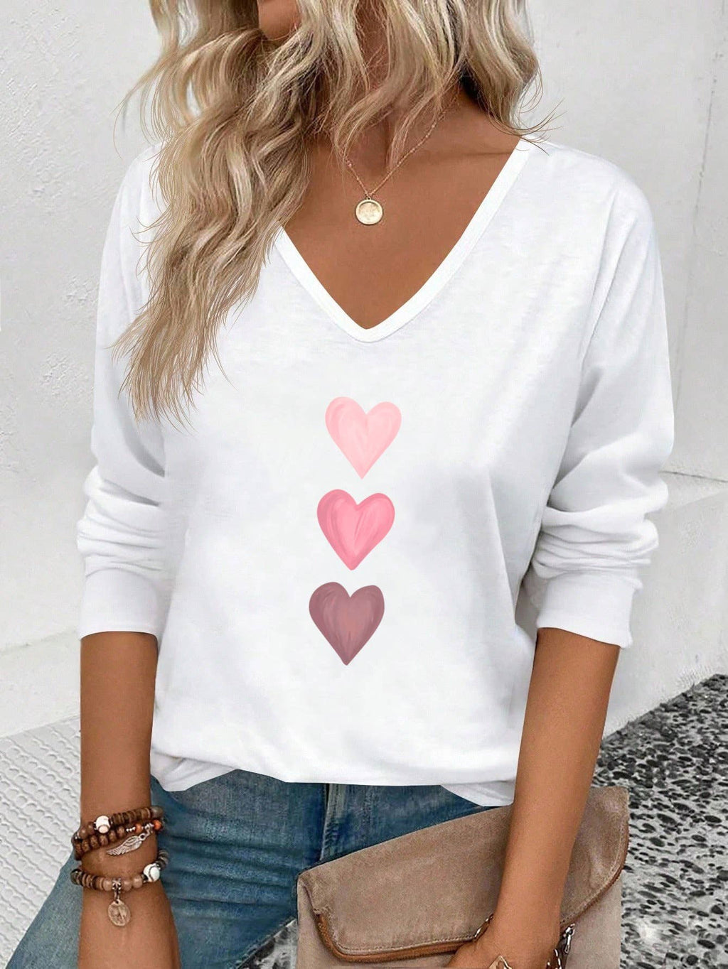 Valentine's Day heart print long-sleeve T-shirt top
