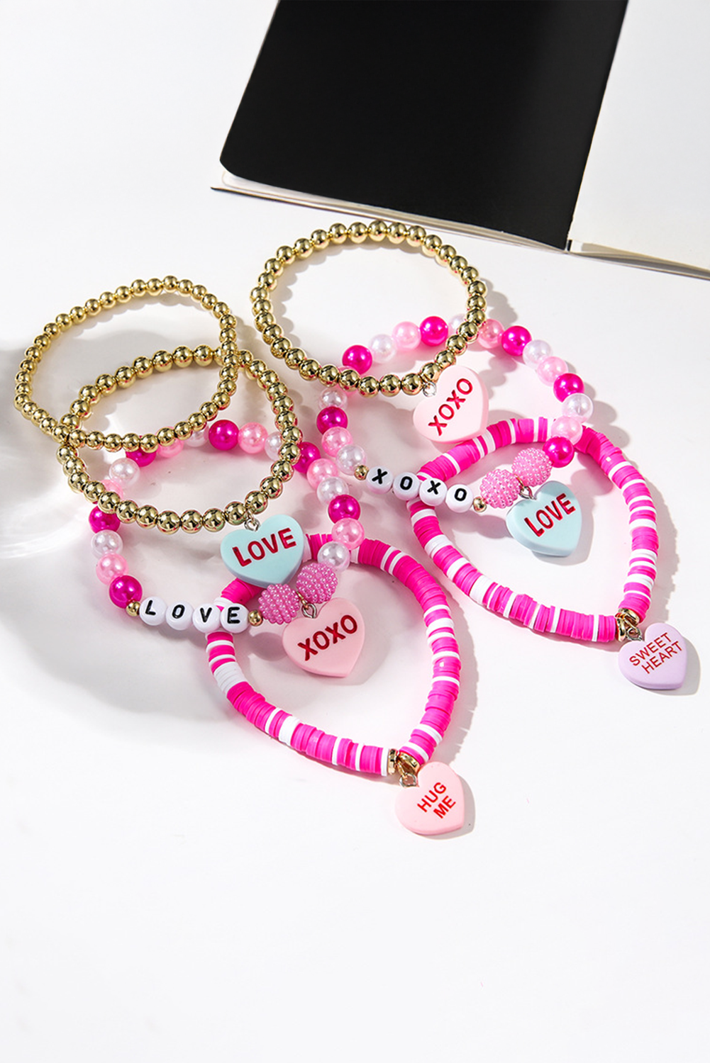 Valentine Heart Pendant Beaded Elastic Bracelet Set