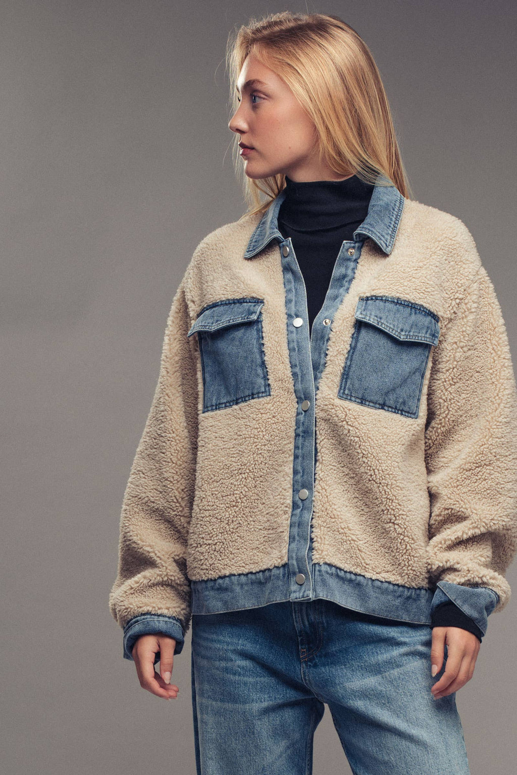 Denim Trim Cozy Sherpa Jacket