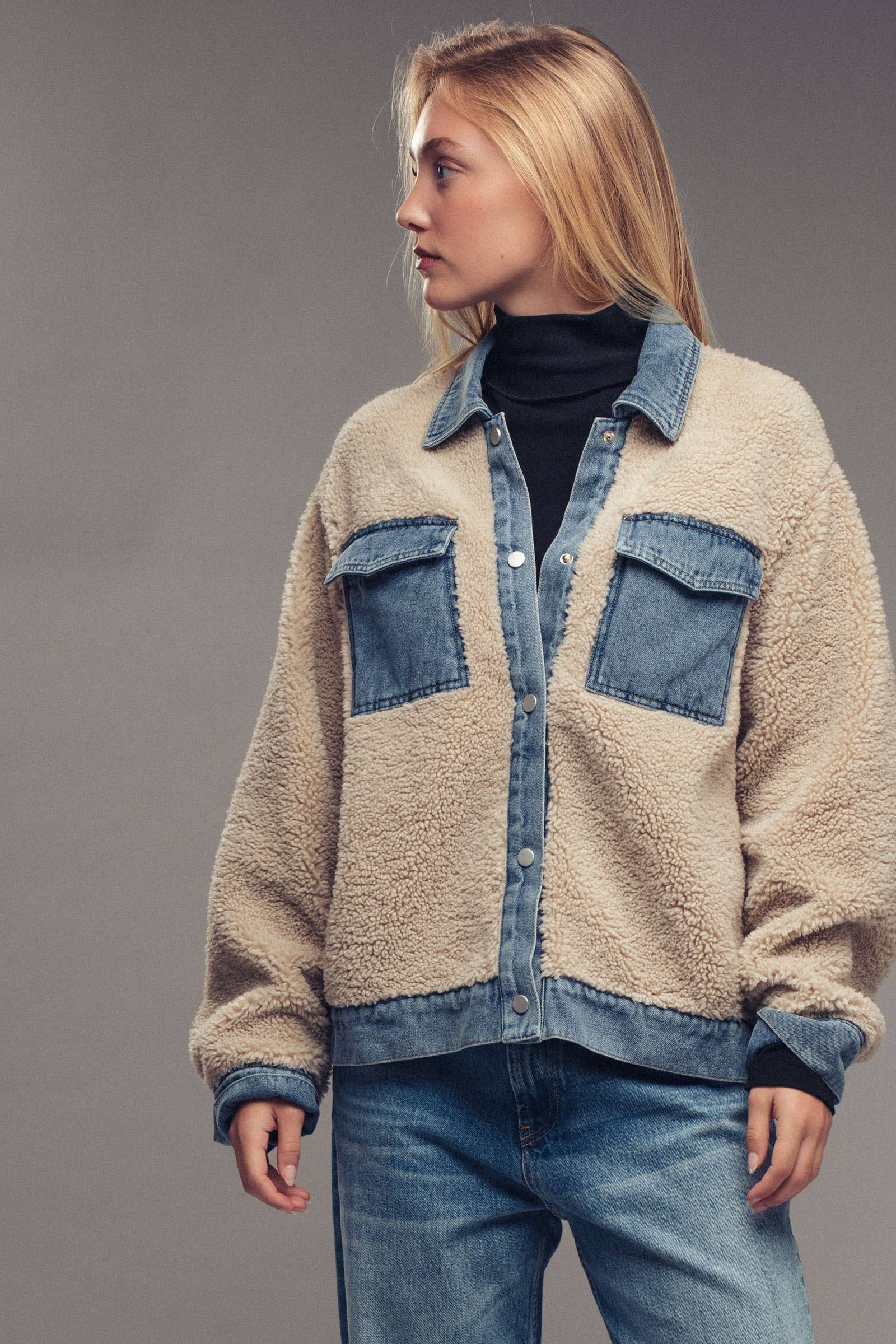Denim Trim Cozy Sherpa Jacket
