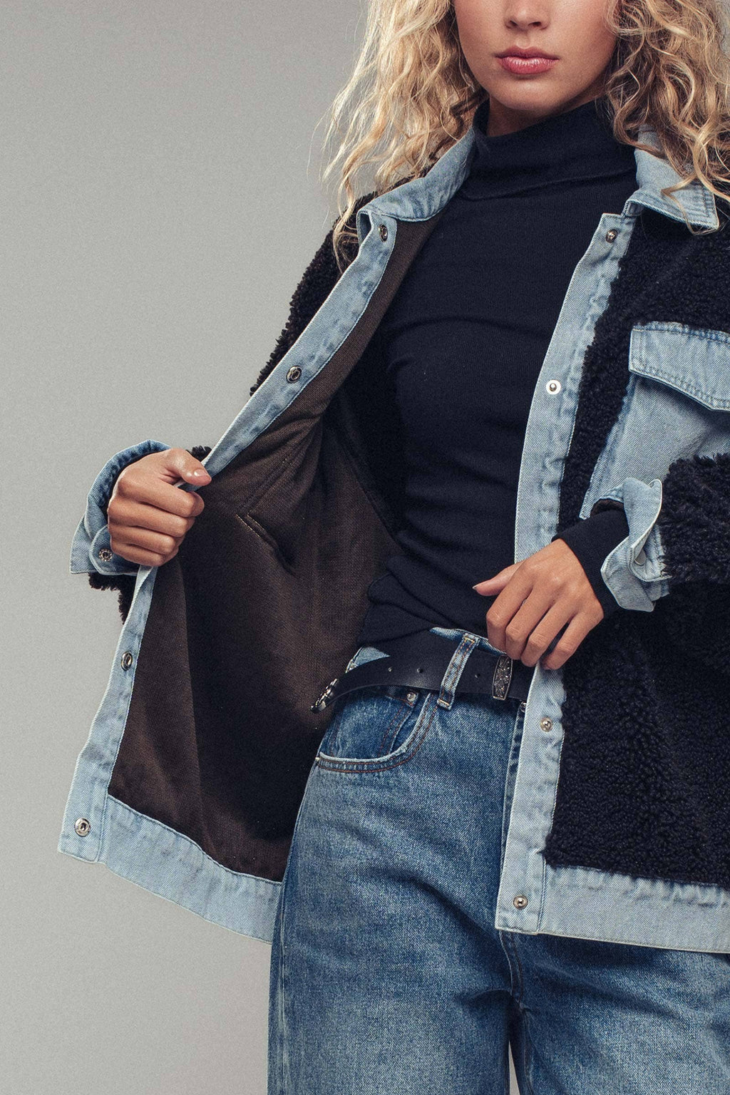 Denim Trim Cozy Sherpa Jacket