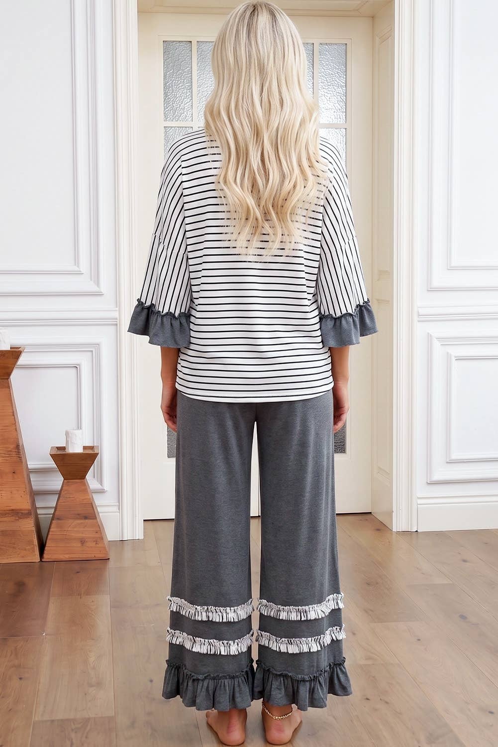Stripe V Neck Ruffle Sleeve Drawstring Pants 2pcs Set (S-XL)
