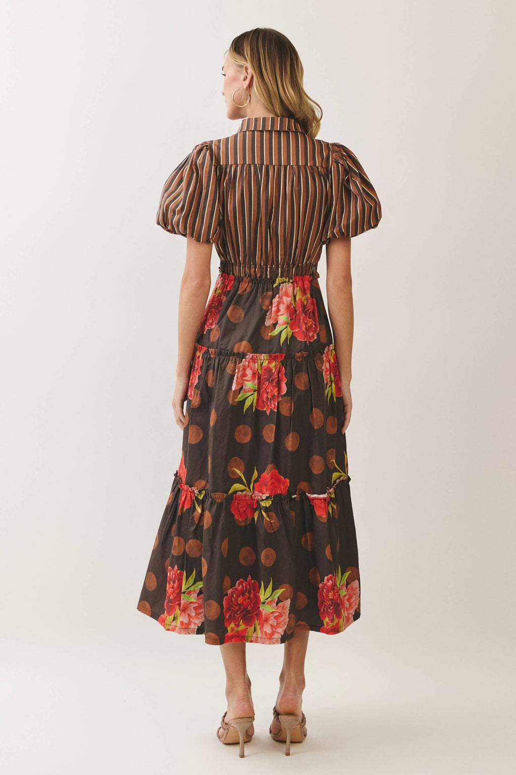 CD07570-Mixed Print Puff Sleeve Tiered Midi Dress