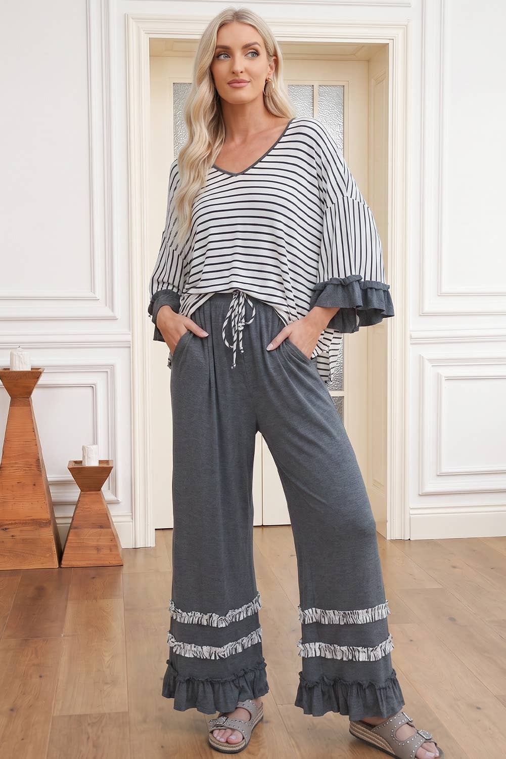 Stripe V Neck Ruffle Sleeve Drawstring Pants 2pcs Set (S-XL)