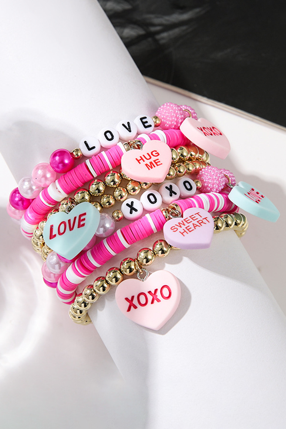 Valentine Heart Pendant Beaded Elastic Bracelet Set