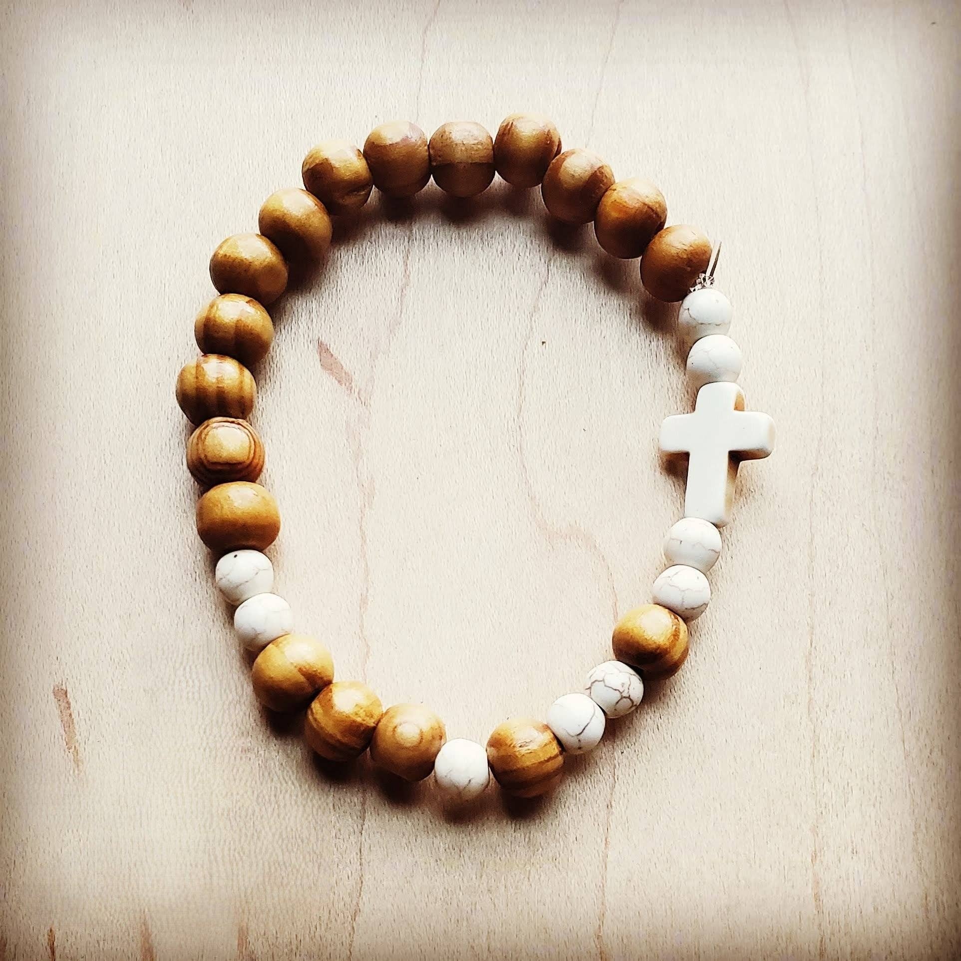 Wood & White Turquoise Beads Beaded Bracelet Bar