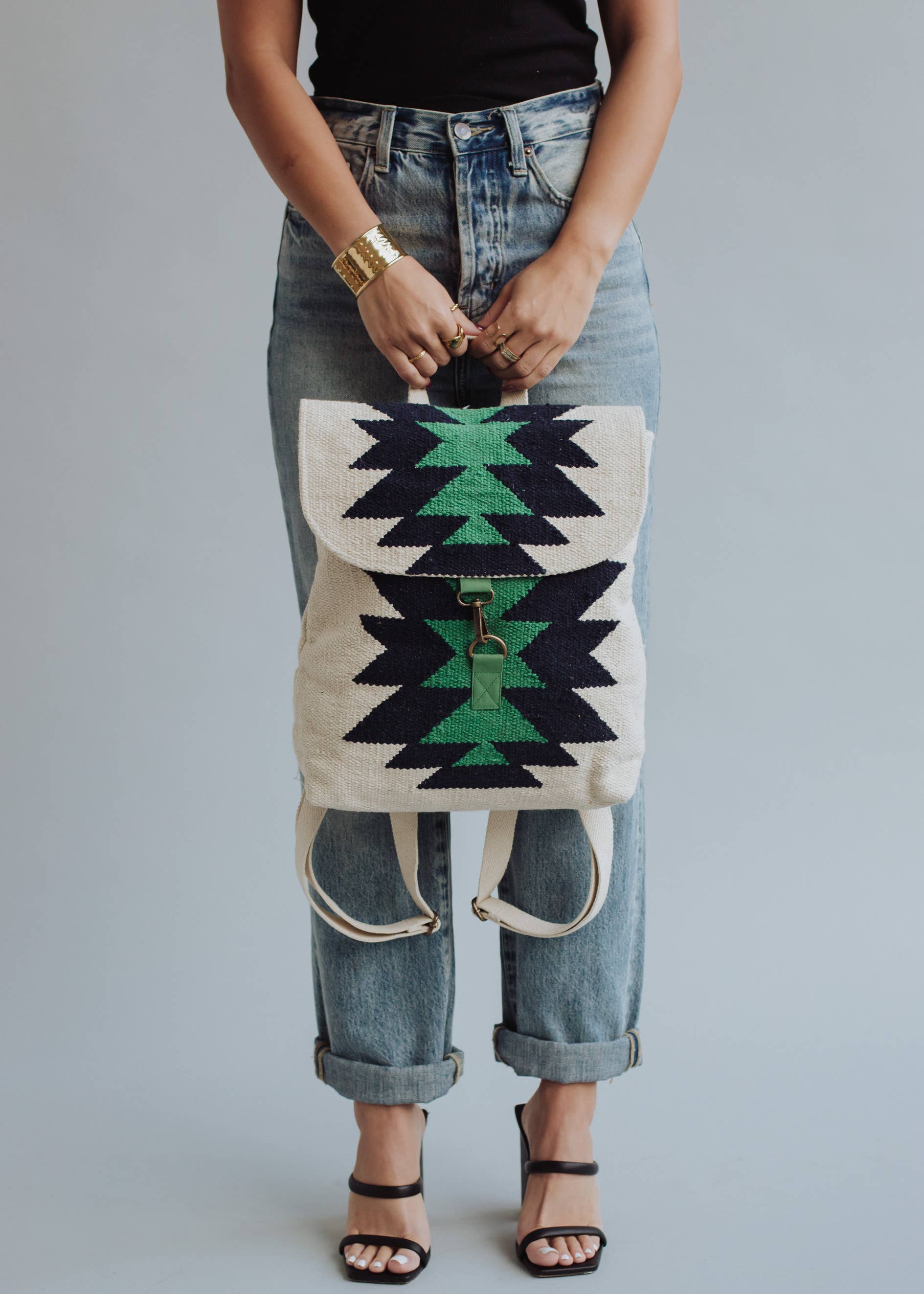 Cream, Navy & Green Aztec Backpack
