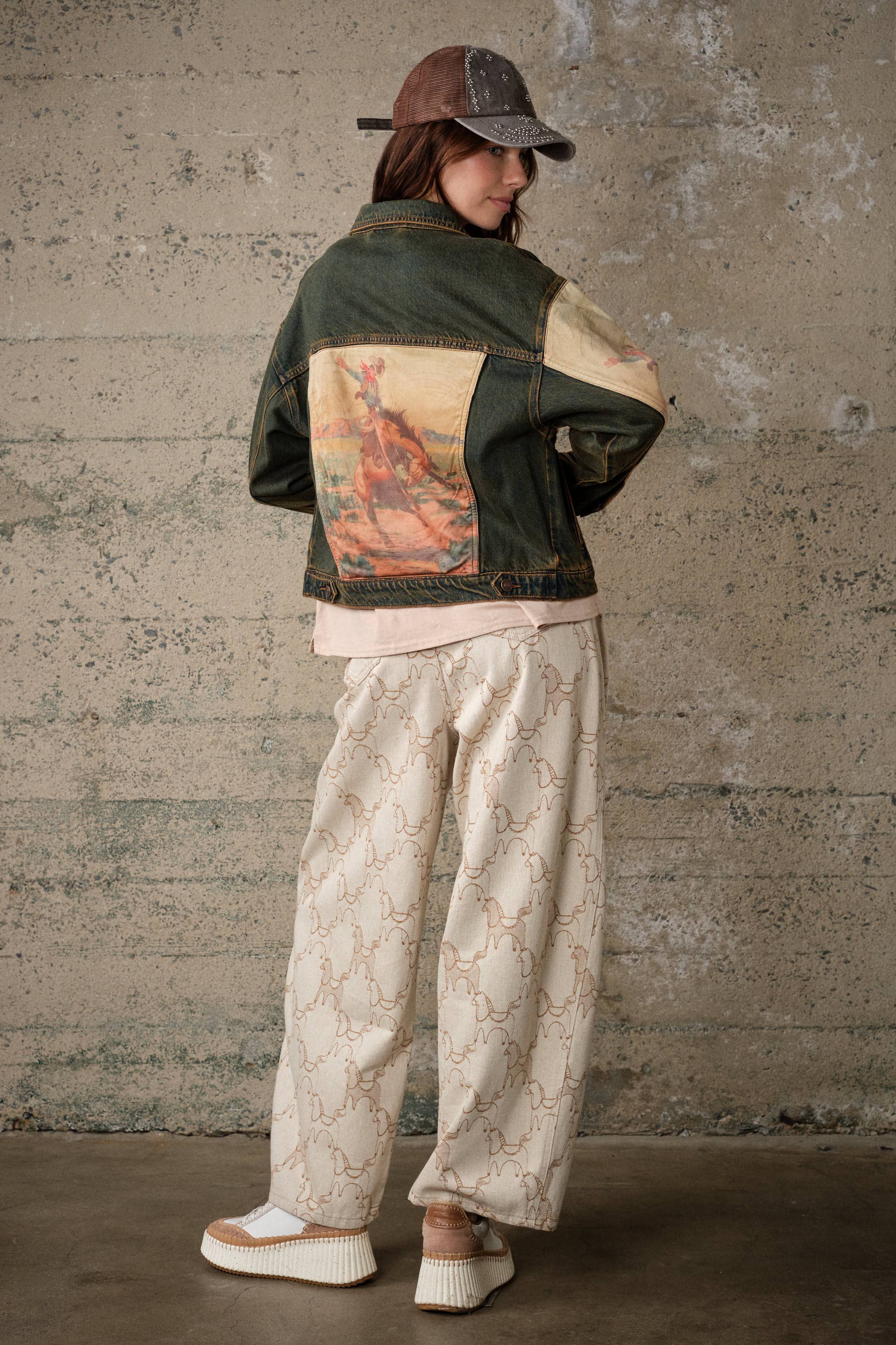 15544J Western Print Mix Denim Jacket