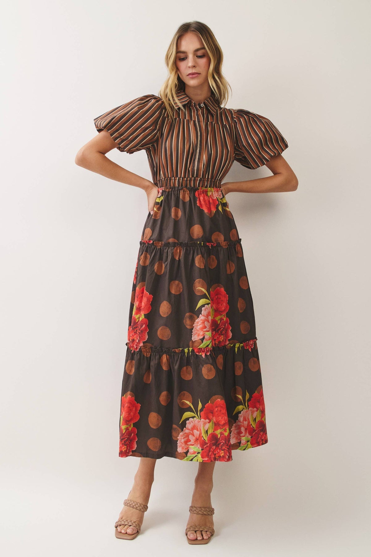 CD07570-Mixed Print Puff Sleeve Tiered Midi Dress