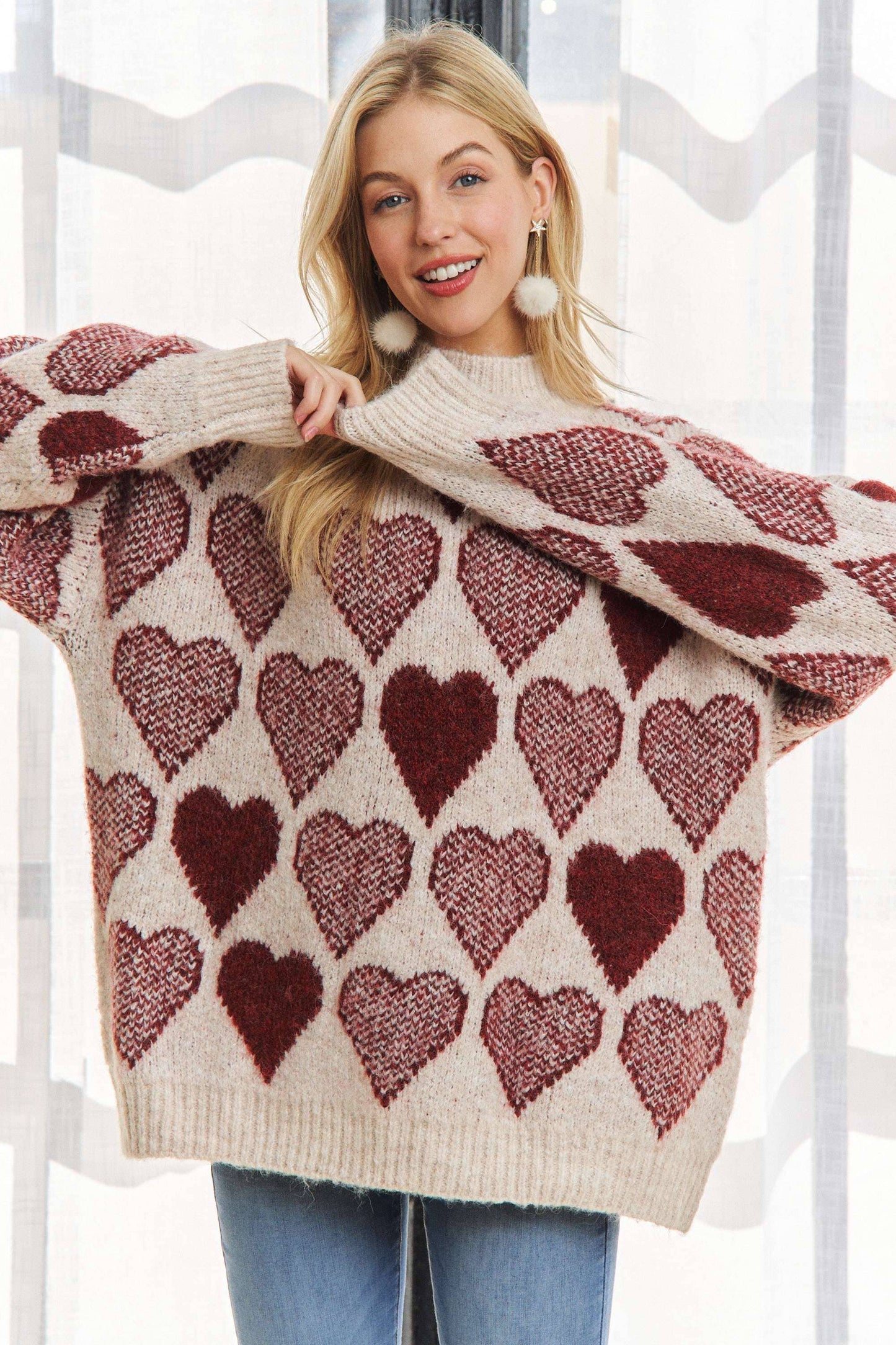 CESW2409 - MOCK NECK HEART PRINT PULLOVER SWEATER