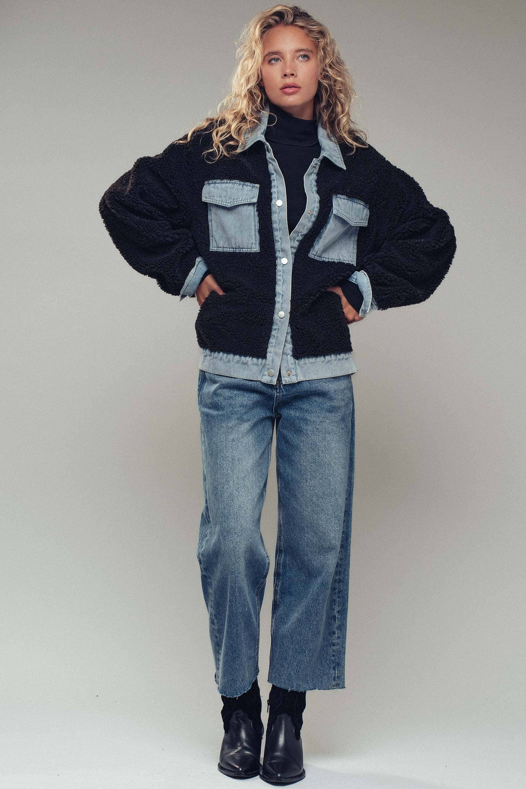 Denim Trim Cozy Sherpa Jacket