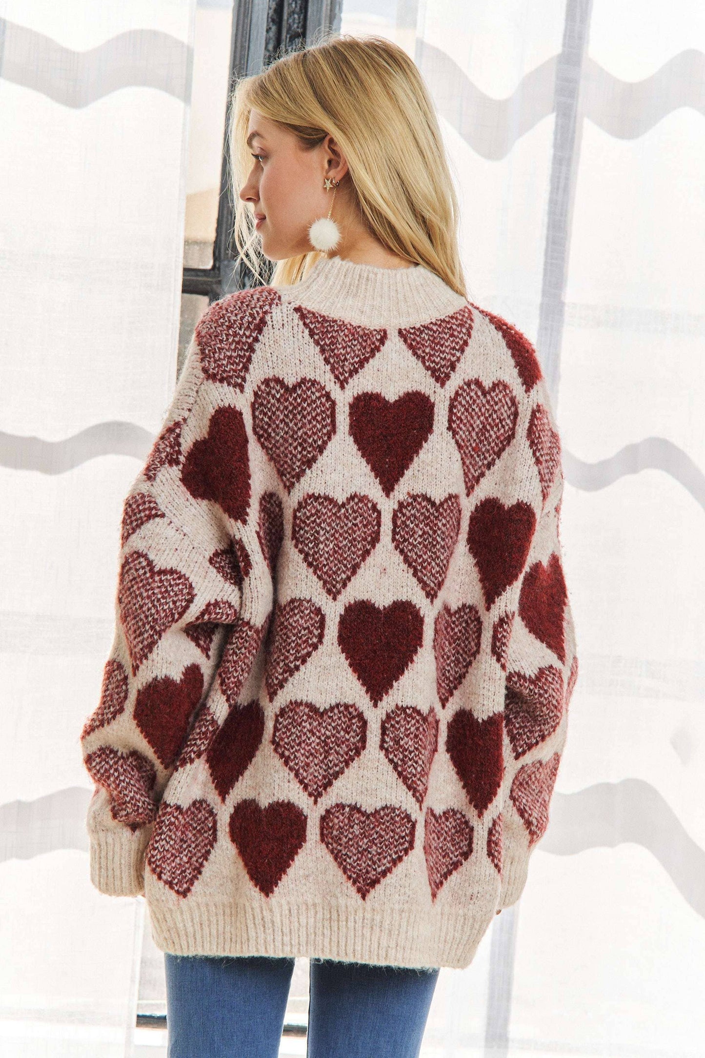 CESW2409 - MOCK NECK HEART PRINT PULLOVER SWEATER