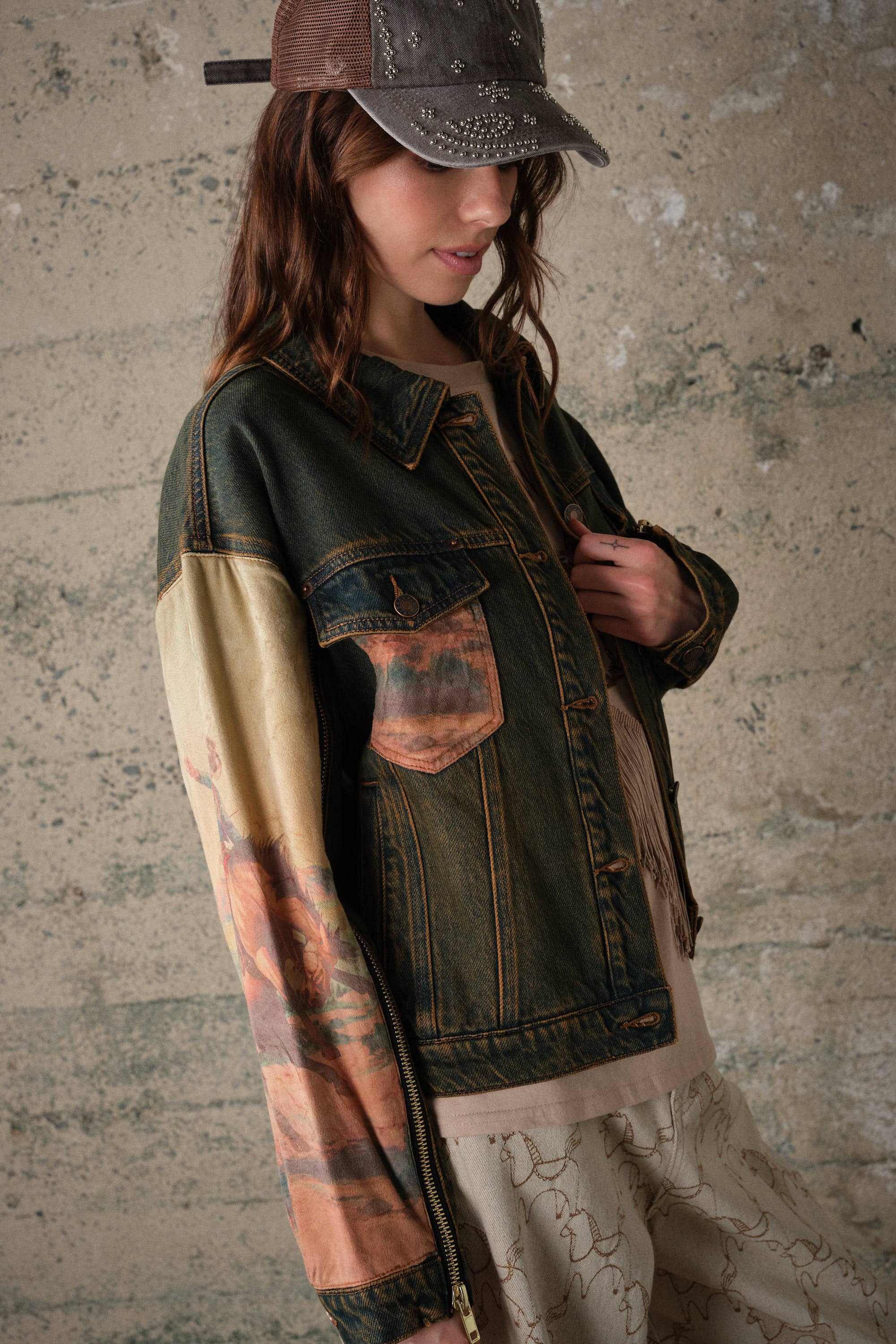 15544J Western Print Mix Denim Jacket