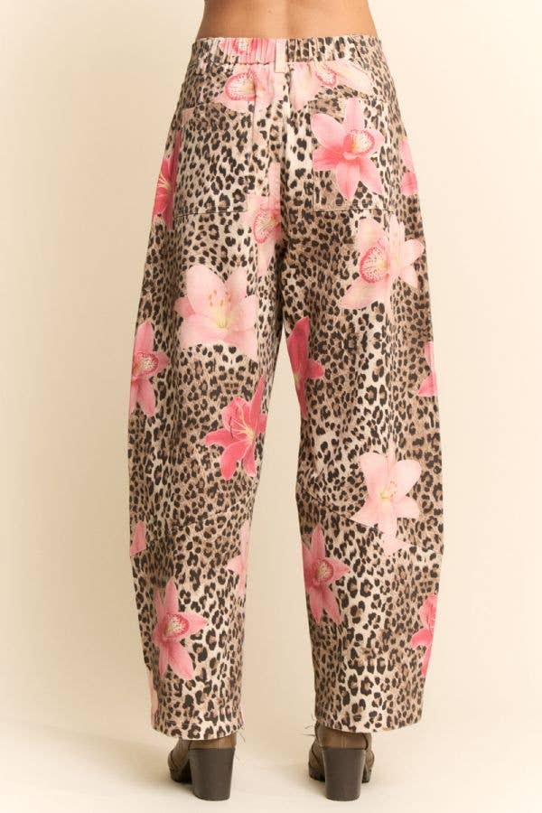 LEOPARD FLORAL PRINT RELAXED WIDE LEG PANTS