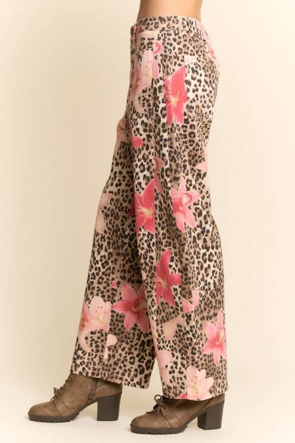 LEOPARD FLORAL PRINT RELAXED WIDE LEG PANTS