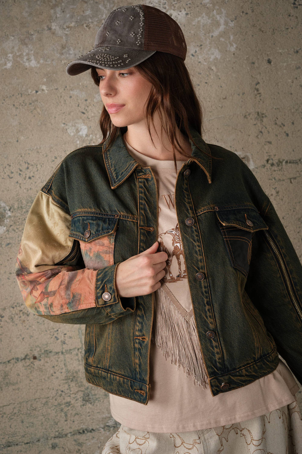 15544J Western Print Mix Denim Jacket
