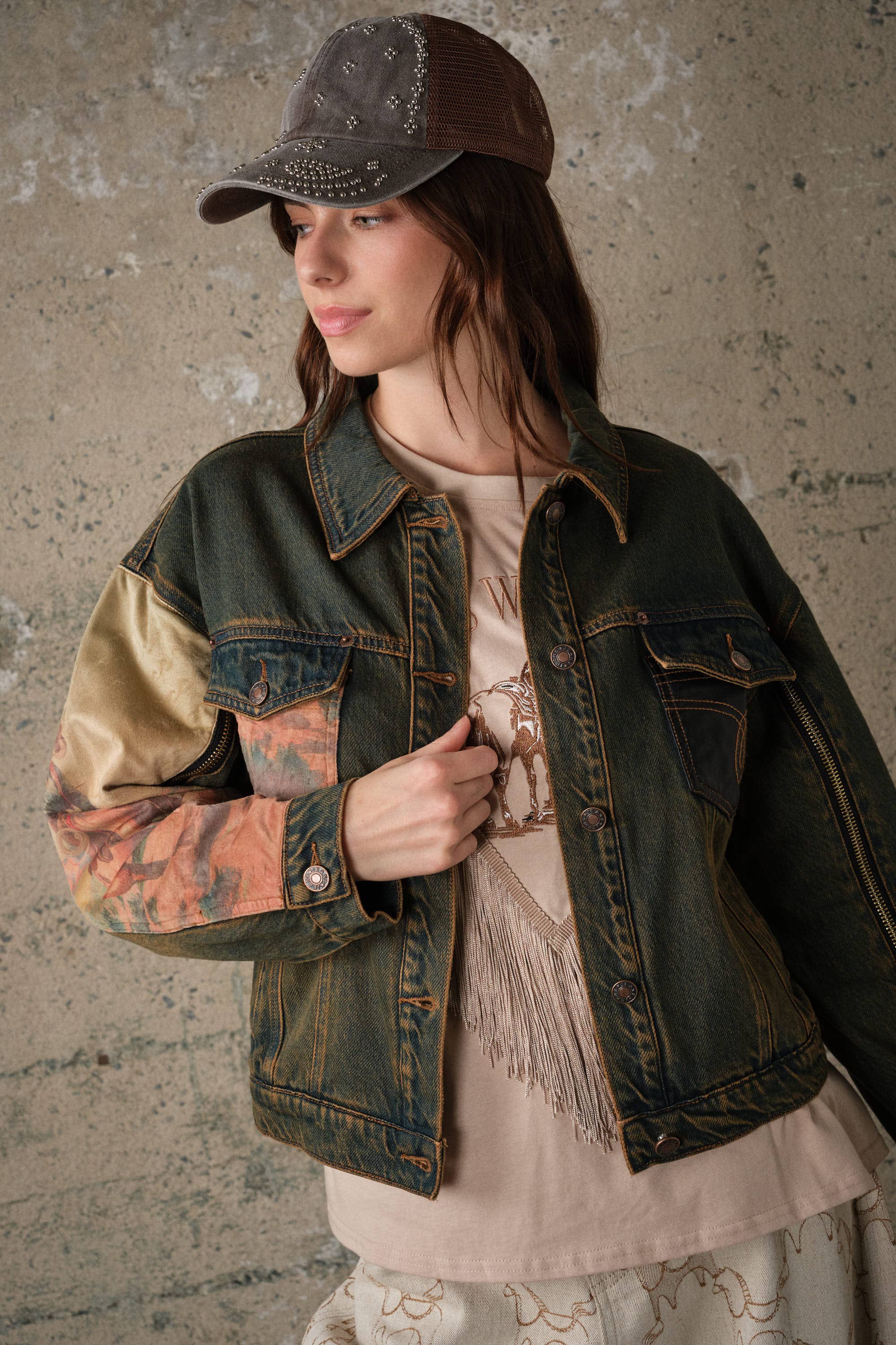 15544J Western Print Mix Denim Jacket