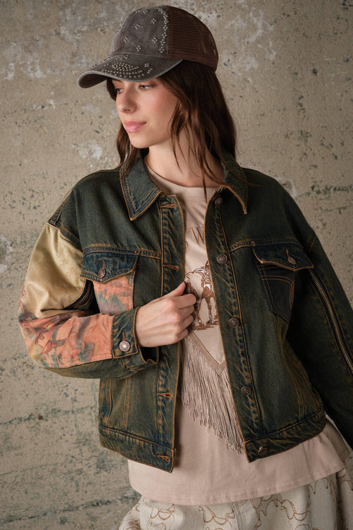15544J Western Print Mix Denim Jacket