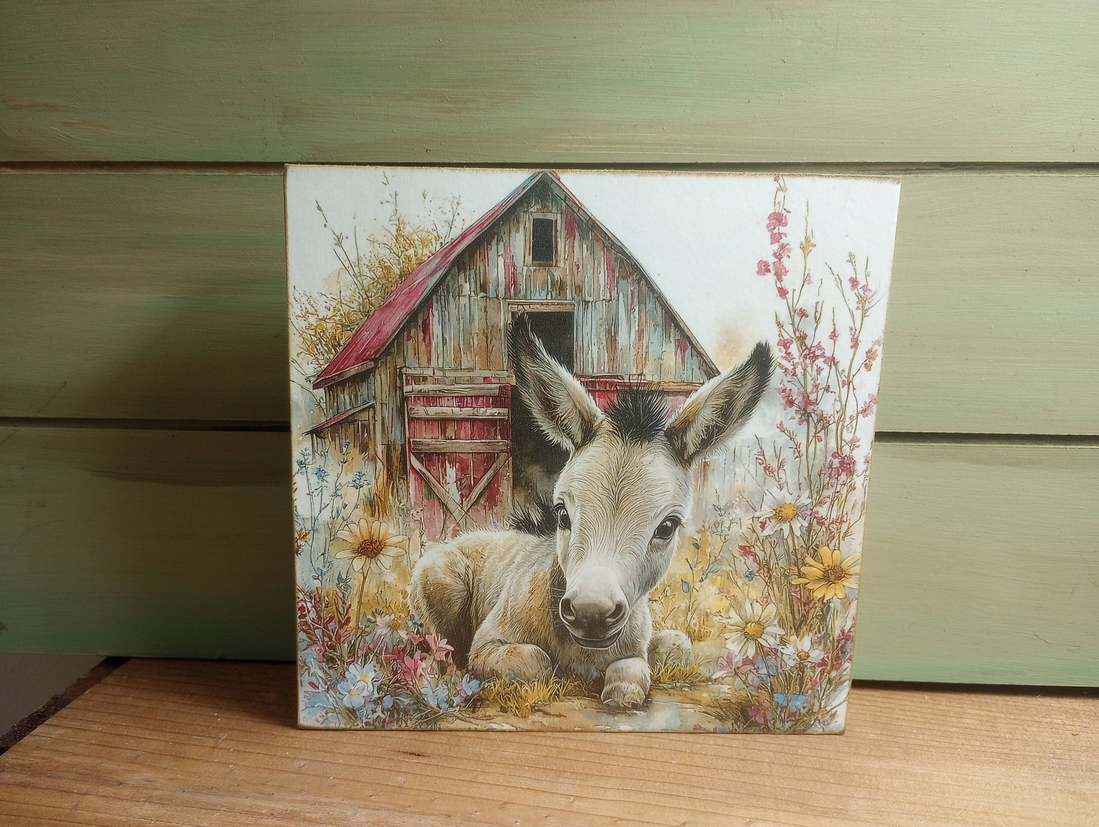 Spring Barn Wood Block Sign - Laying Donkey