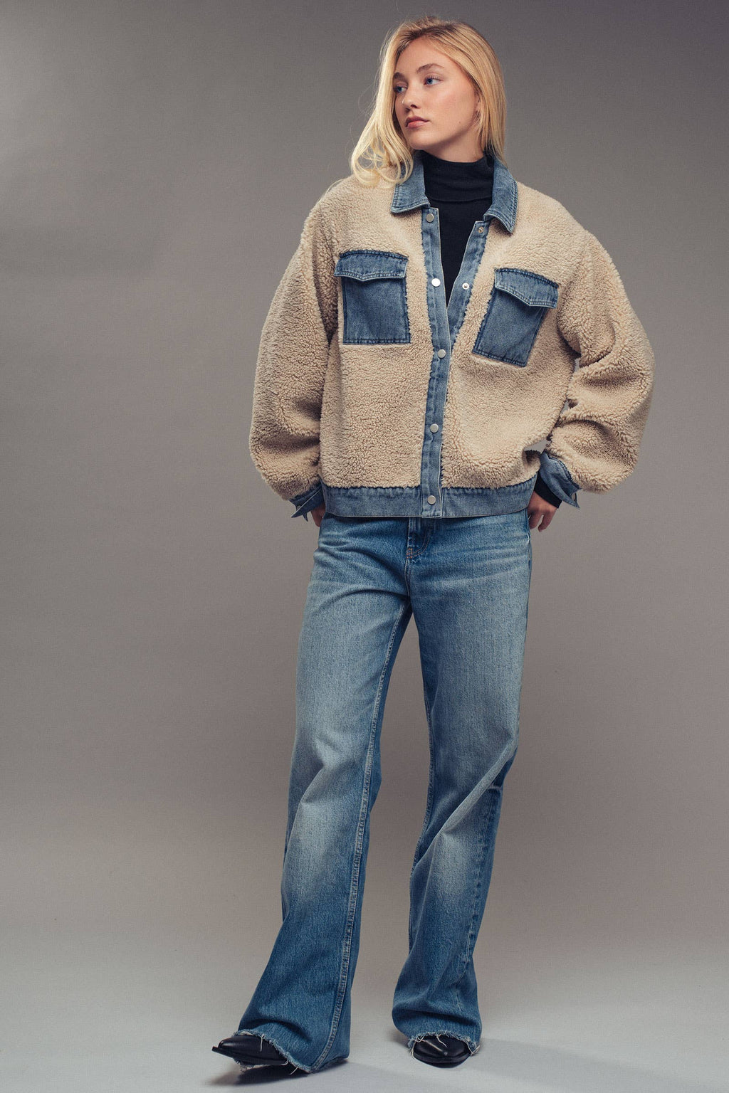 Denim Trim Cozy Sherpa Jacket