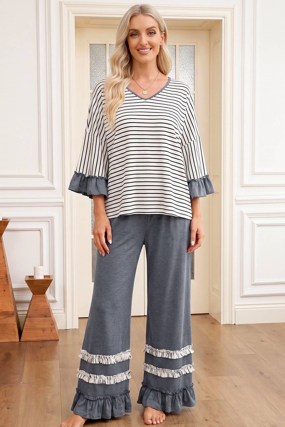 Stripe V Neck Ruffle Sleeve Drawstring Pants 2pcs Set (S-XL)