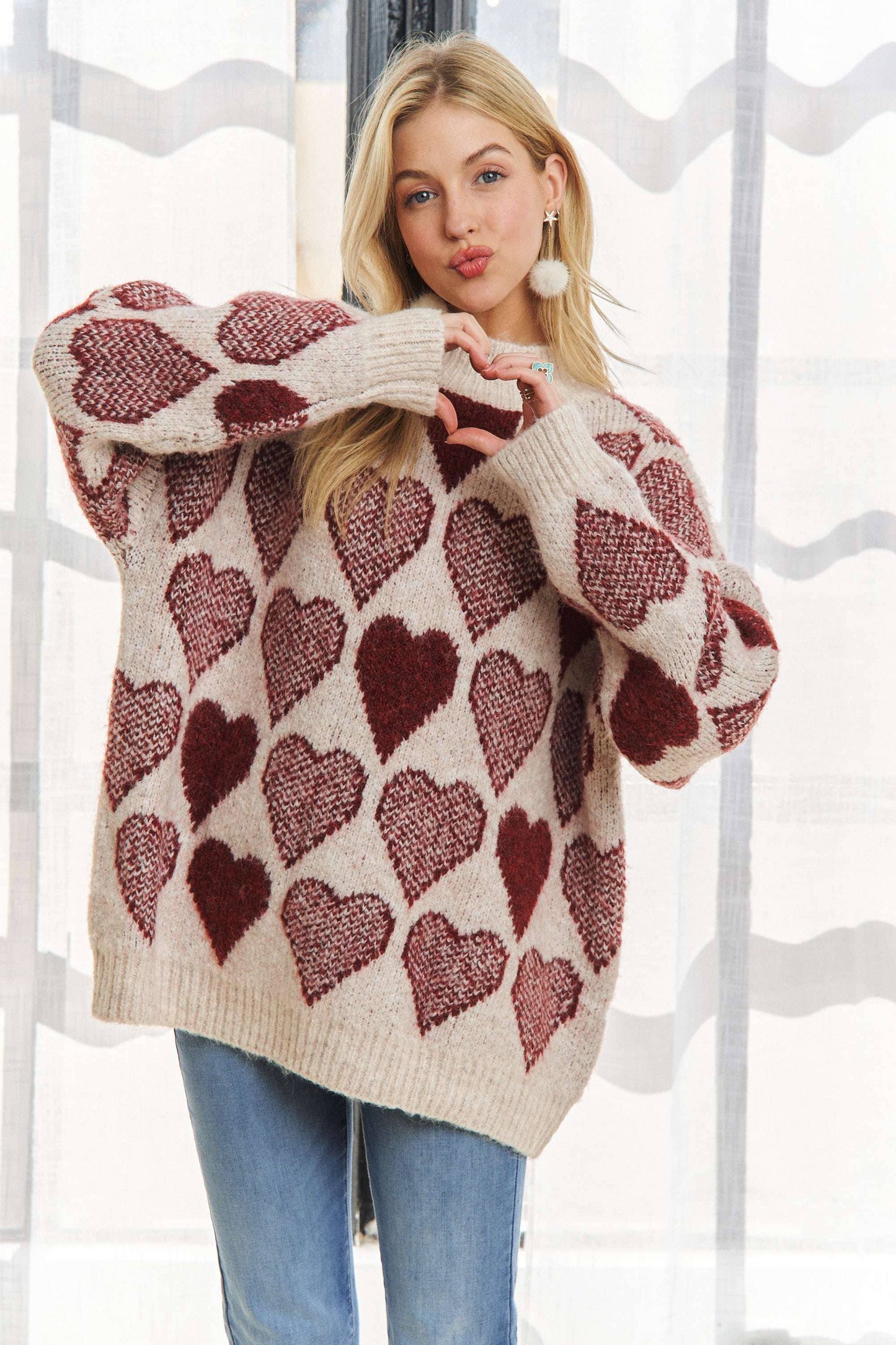 CESW2409 - MOCK NECK HEART PRINT PULLOVER SWEATER