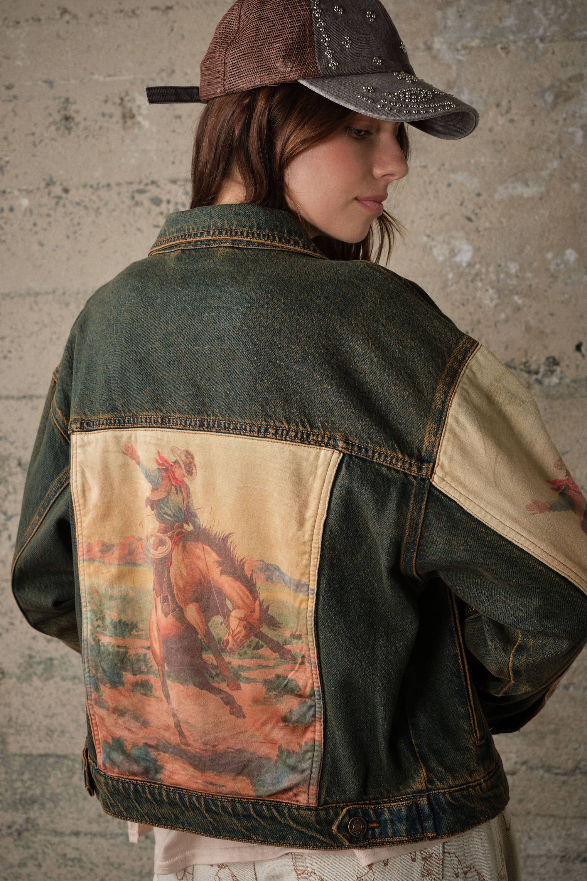 15544J Western Print Mix Denim Jacket