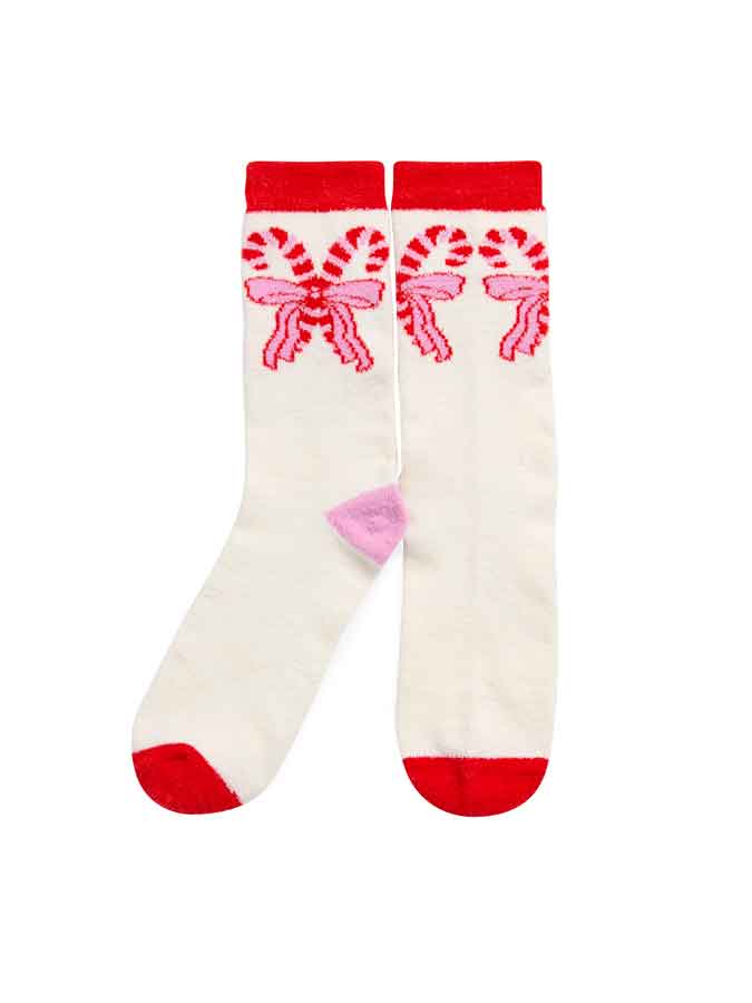 CANDY CANE BOW SOCKS,IVORY